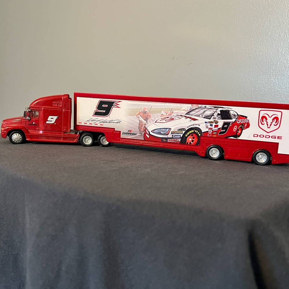 Nascar Red and White Toy Truck with Trailer